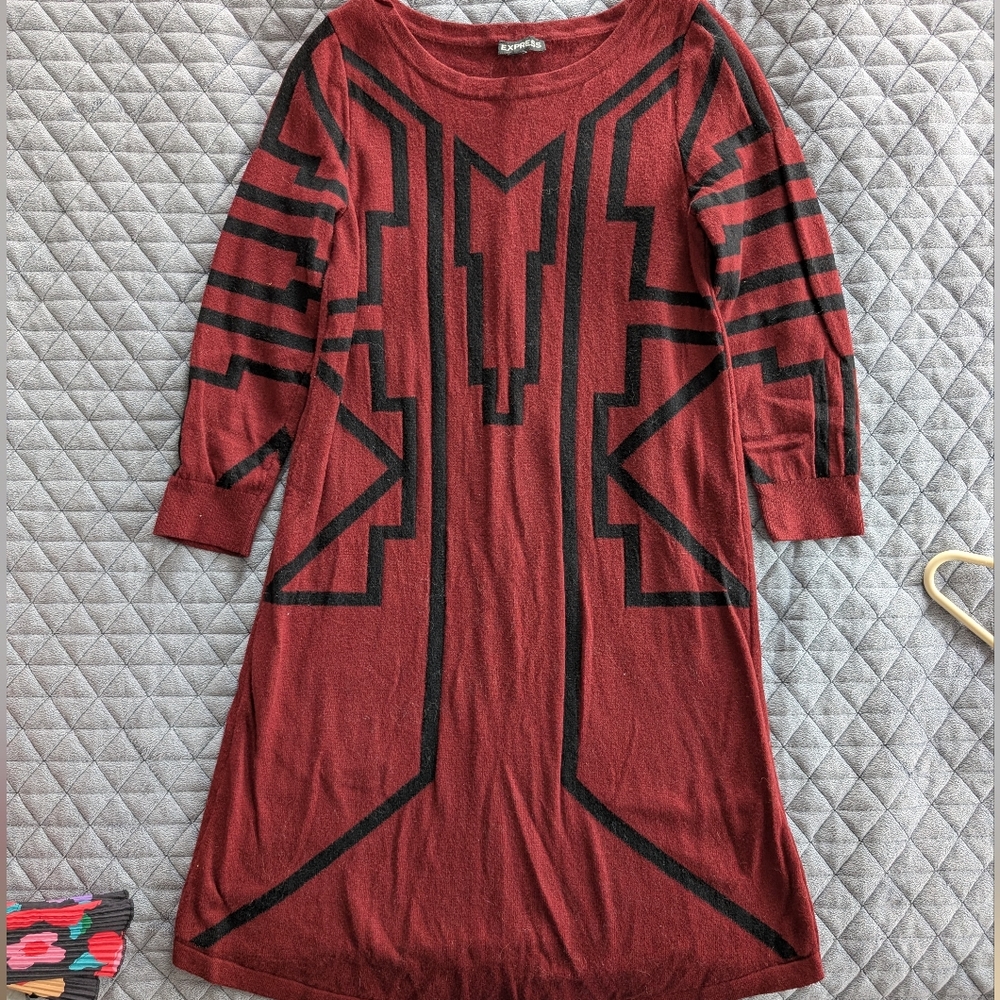 Geometric Pattern Red Knit Dress